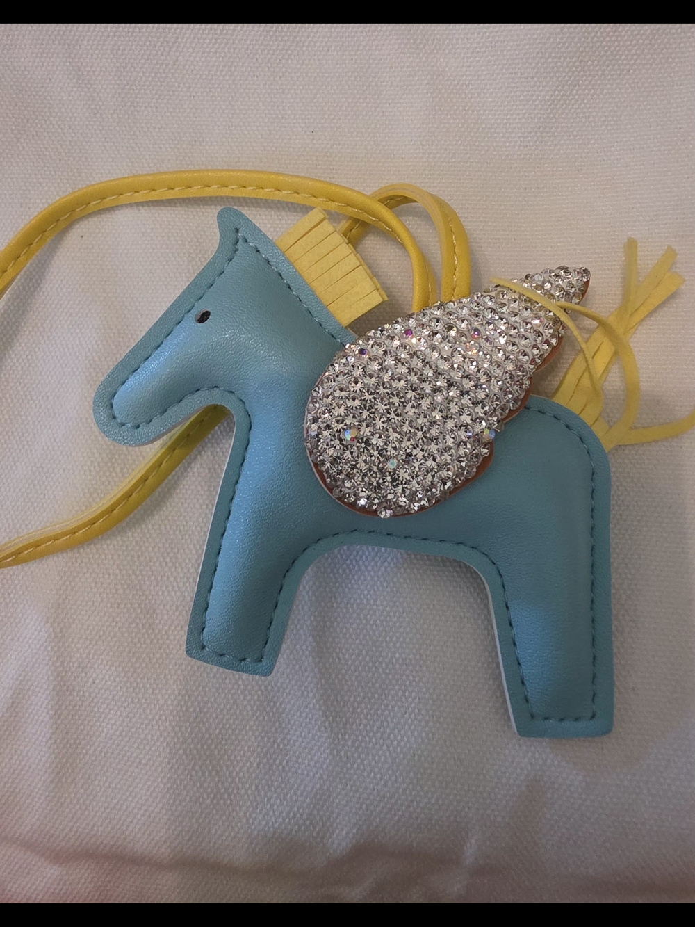 Horse Leather Bag Charm Pendant in Light Blue and Yellow with Sparkle Wing